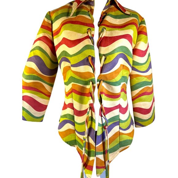 Annalese Jacket Women XS Retro Wavy Print Lace Tie Closure - Picture 2 of 8